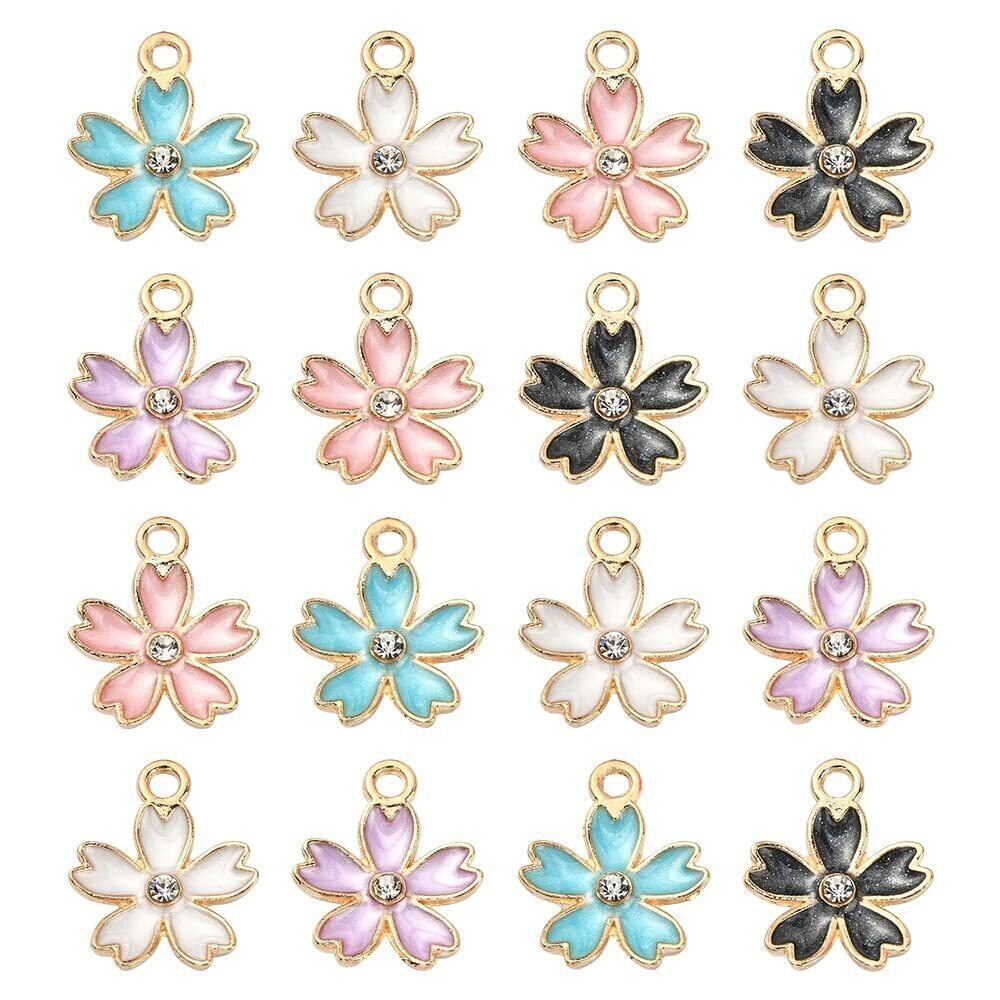 9008 50pcs Cherry Blossom Flower Charms with Mixed Colors Rhinestone Enamel